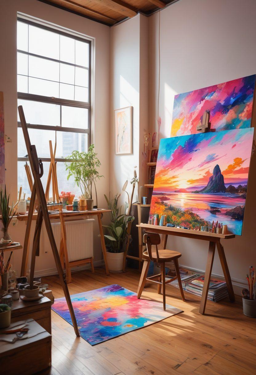A captivating collage featuring a serene art studio with easels displaying vibrant Hentai artworks, a paintbrush dipped in vivid colors capturing sensuality, and an abstract background that merges traditional and modern art influences, all set against a backdrop of soft, dreamy lighting to evoke an atmosphere of creativity and exploration. super-realistic. vibrant colors. whimsical style.
